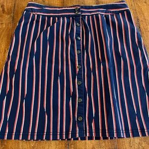 Navy mini skirt with red and white stripe -- cute button down front
